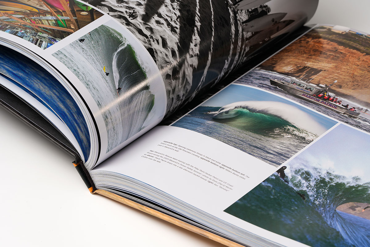 Close-up of a photography coffee table book gutter highlighting precision binding and seamless page alignment