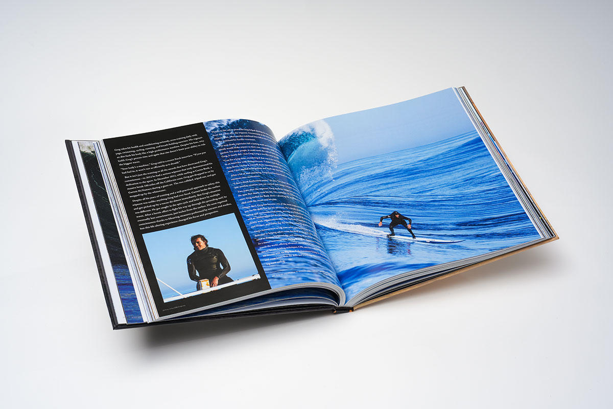 Interior pages of a photography coffee table book with sharp big-wave surfing image reproduction and rich color quality on glossy 105lb paper