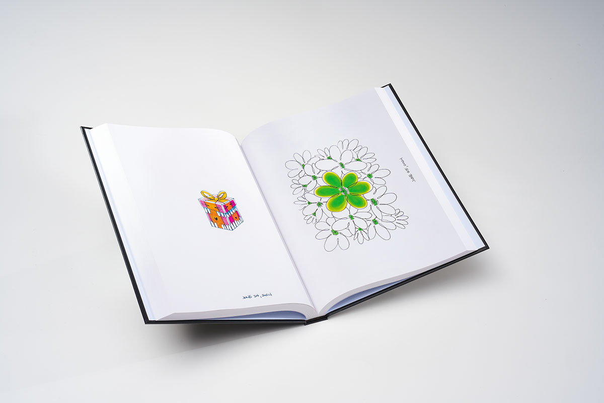 Open spread of a sequential art sketchbook featuring vibrant full-color smiley face drawings on matte 85lb pages