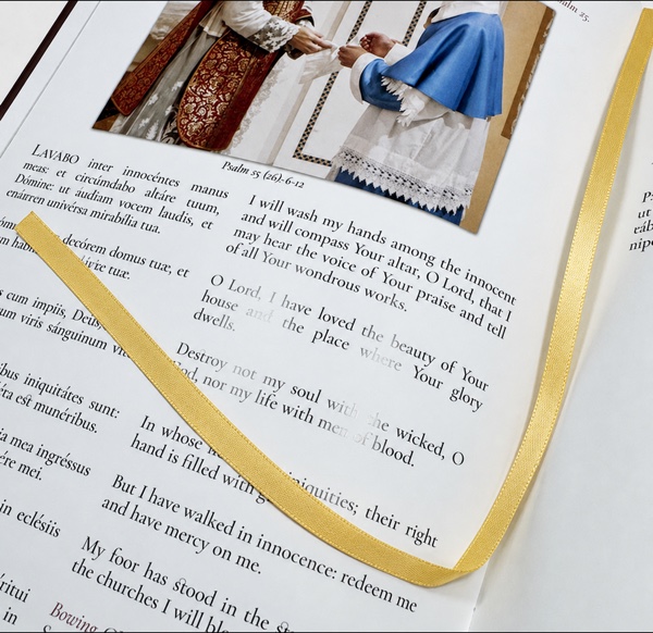 Gold ribbon marker resting on an open book page