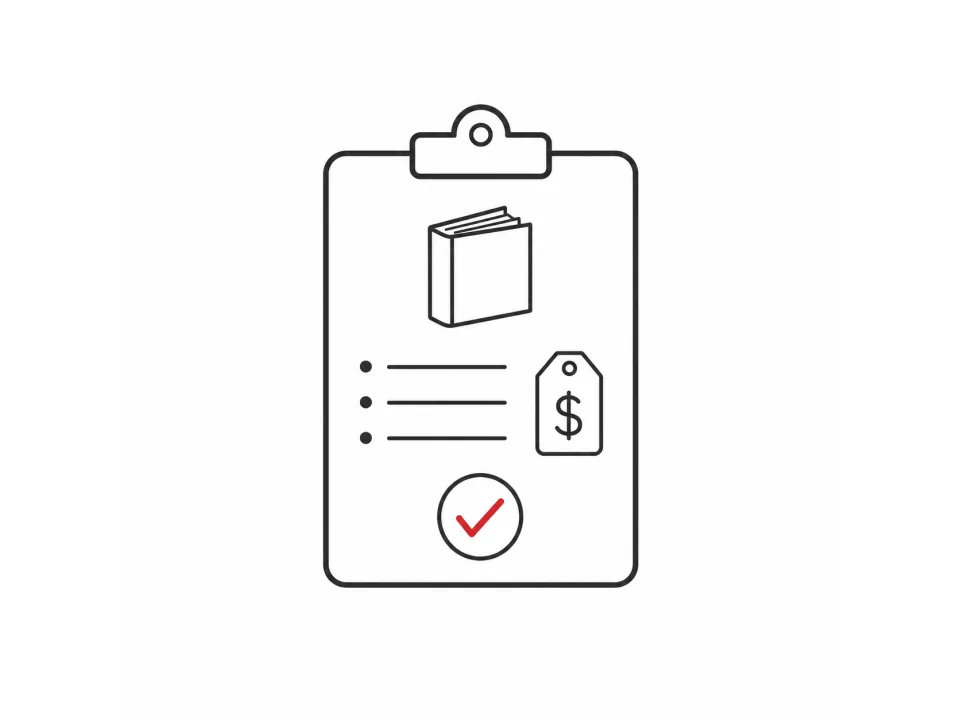 Line illustration of book pricing and specification confirmation