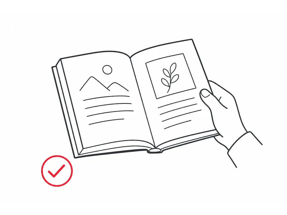 Line illustration of a physical proof book being reviewed