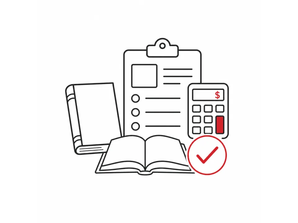 Line illustration of a quote form, calculator, and book