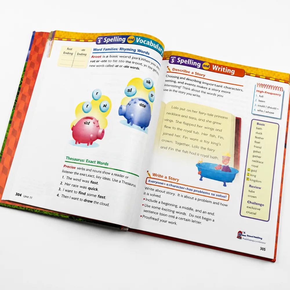 Open full-color school textbook with lessons, diagrams, and writing exercises