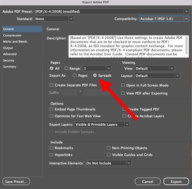 Screenshot showing the export settings for spreads in Adobe InDesign