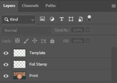 A Photoshop screenshot showing the setup of foil stamping, including the print, foil, and template layers