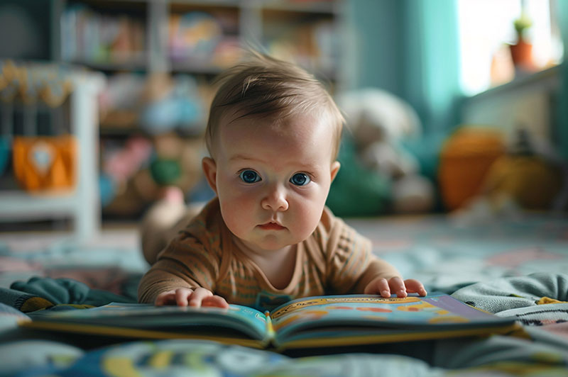 Curious baby on the floor with an open book.