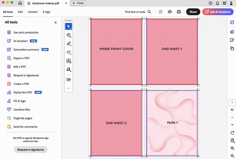 Animated GIF showing the Adobe Acrobat Organize Pages toolbar with the Insert Pages dropdown menu open, highlighting the Blank Page option.