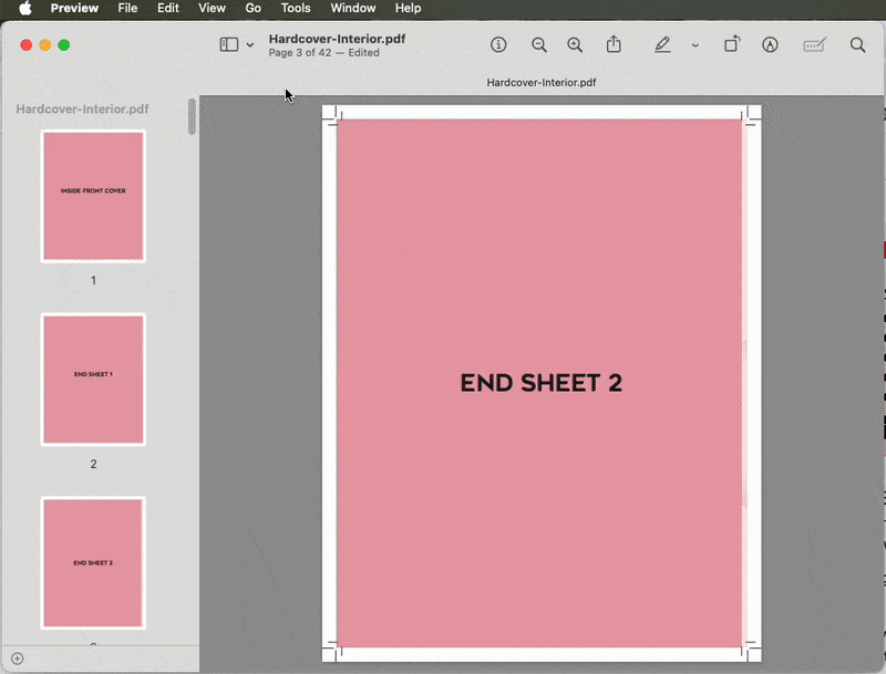 GIF showing how to add a blank page in macOS Preview using the thumbnails sidebar and Edit