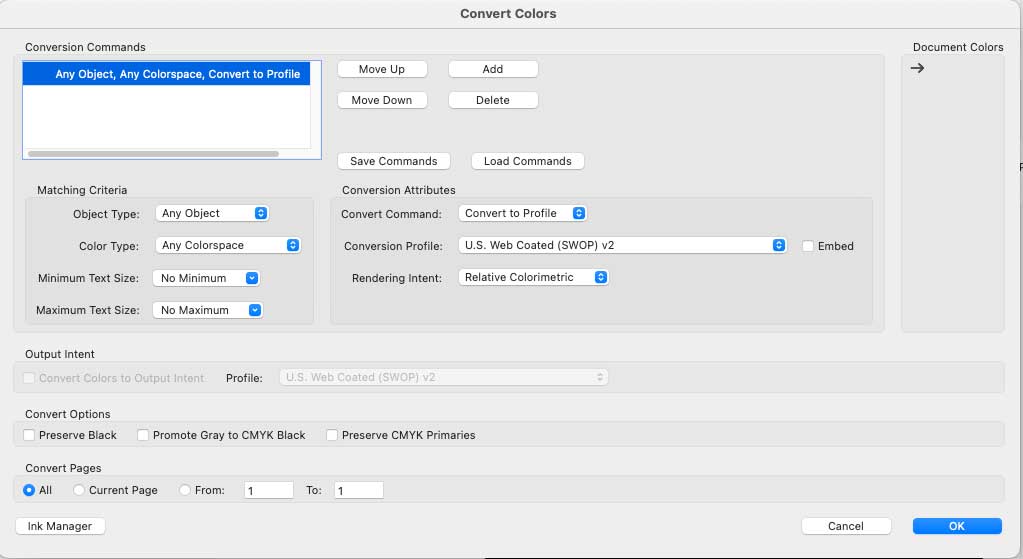 Screenshot of Adobe Acrobat Convert Colors panel showing CMYK conversion settings for print
