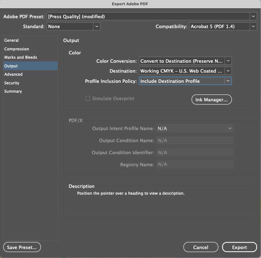 Screenshot of Adobe PDF CMYK export settings for print