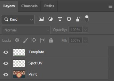 A Photoshop screenshot showing the setup of foil stamping, including the print, foil, and template layers