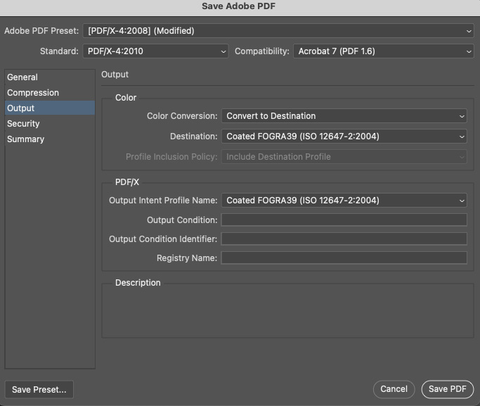 Adobe Save Adobe PDF output settings for print export