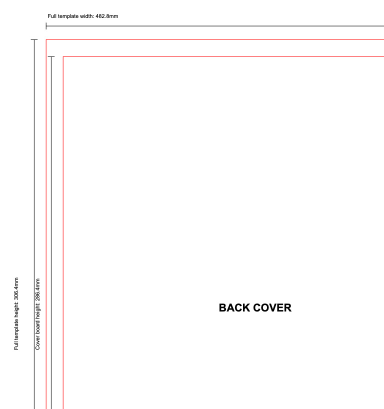 Page 2 of the generated hardcover cover template showing the dimension guide
