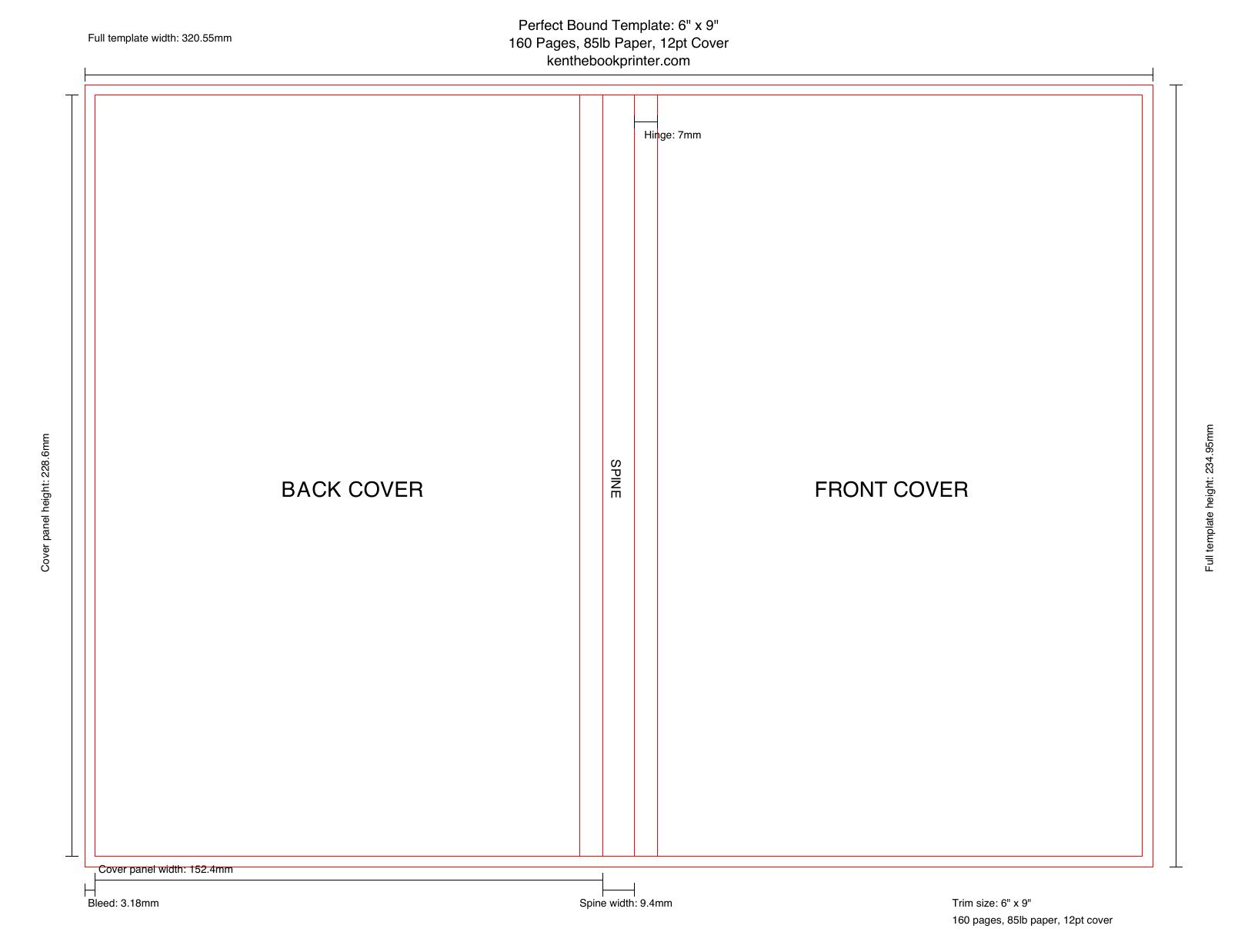 Page 2 of the generated perfect bound cover template showing the dimension guide