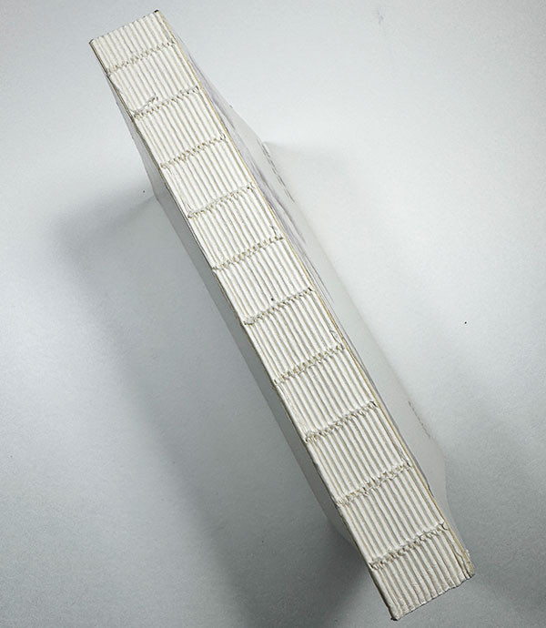 A book block without a cover or endsheet, showing the threads and signatures.