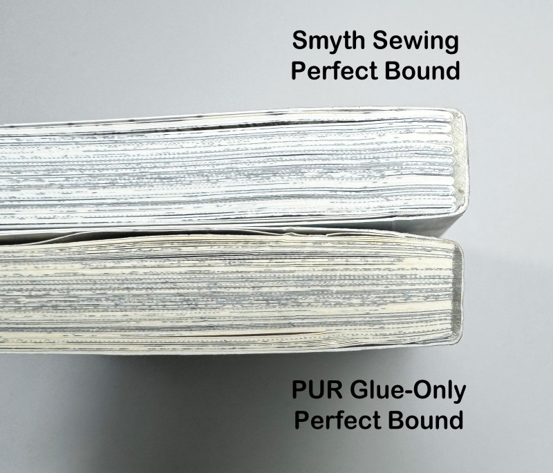Two identical books, one bound with Smyth sewing in Perfect binding, the other with PUR glue-only binding.